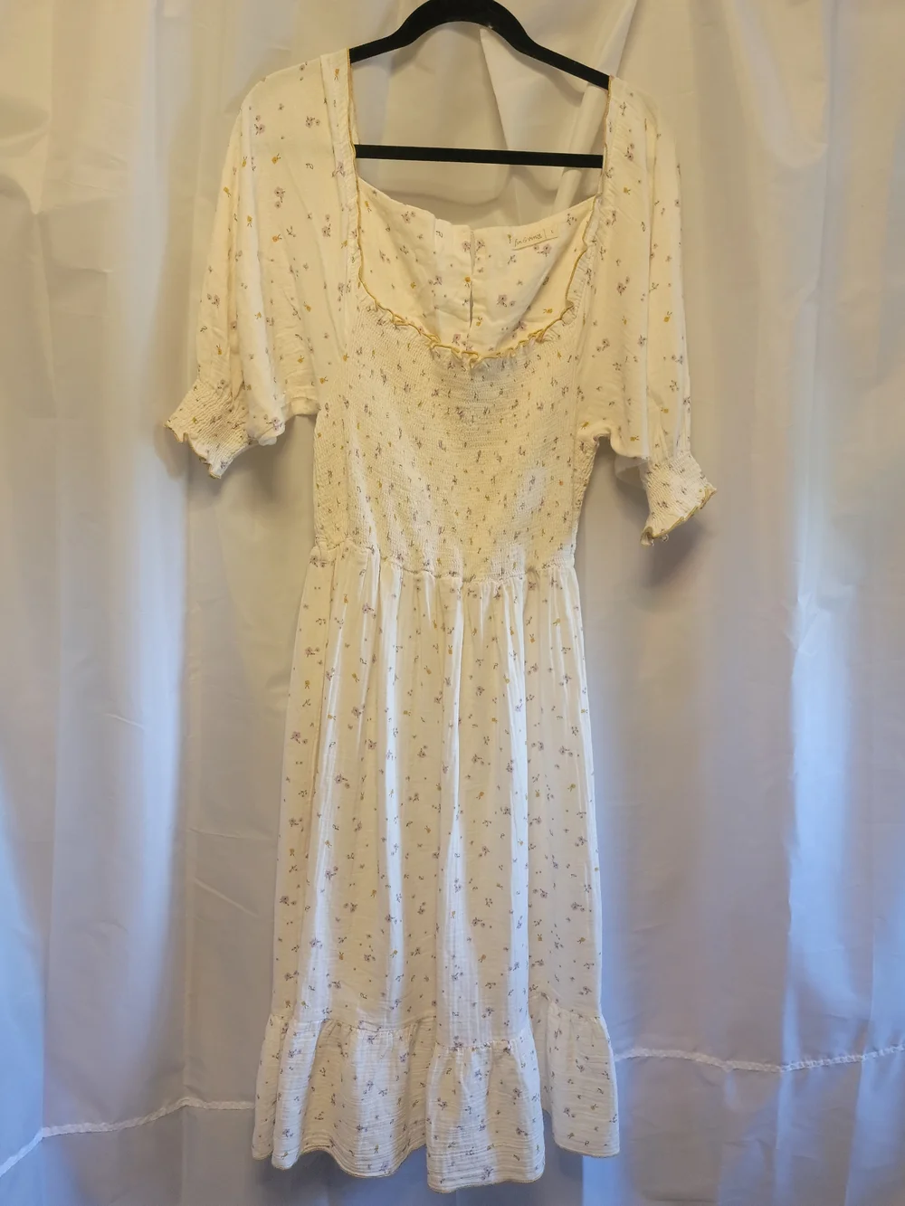 Fin & Vince Cream Midi Dress with Smocked Bodice and Lavender Floral Print